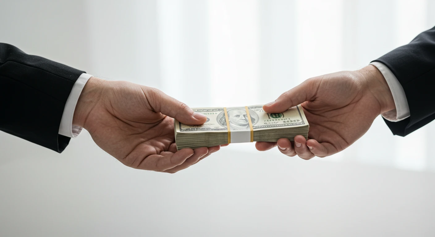 One person handing a bundle of banknotes to another across a desk
