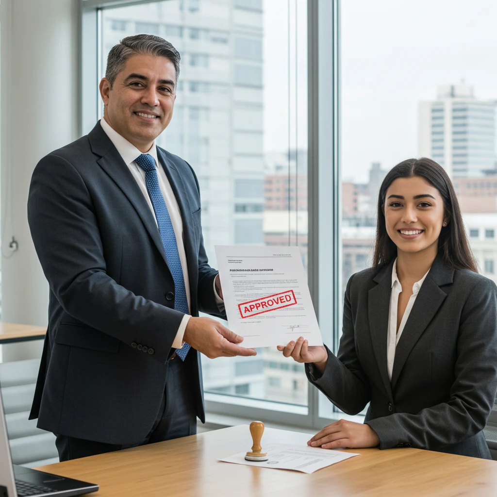Two advisers holding a stamped, approved loan agreement