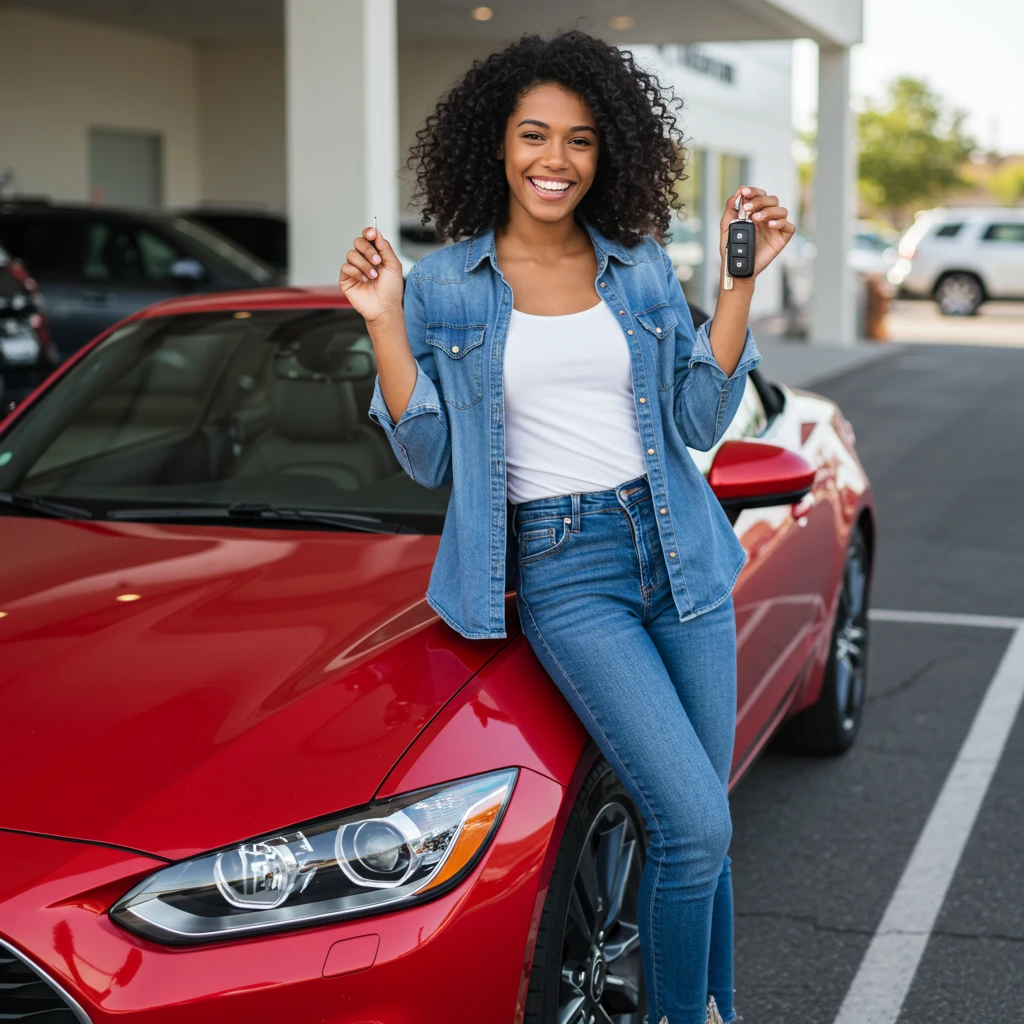 A customer holding the keys to her newly financed car